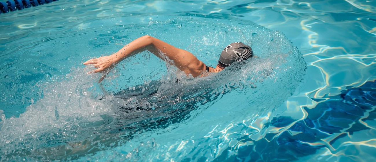 vrouw die crawl zwemt in een openbaar zwembad