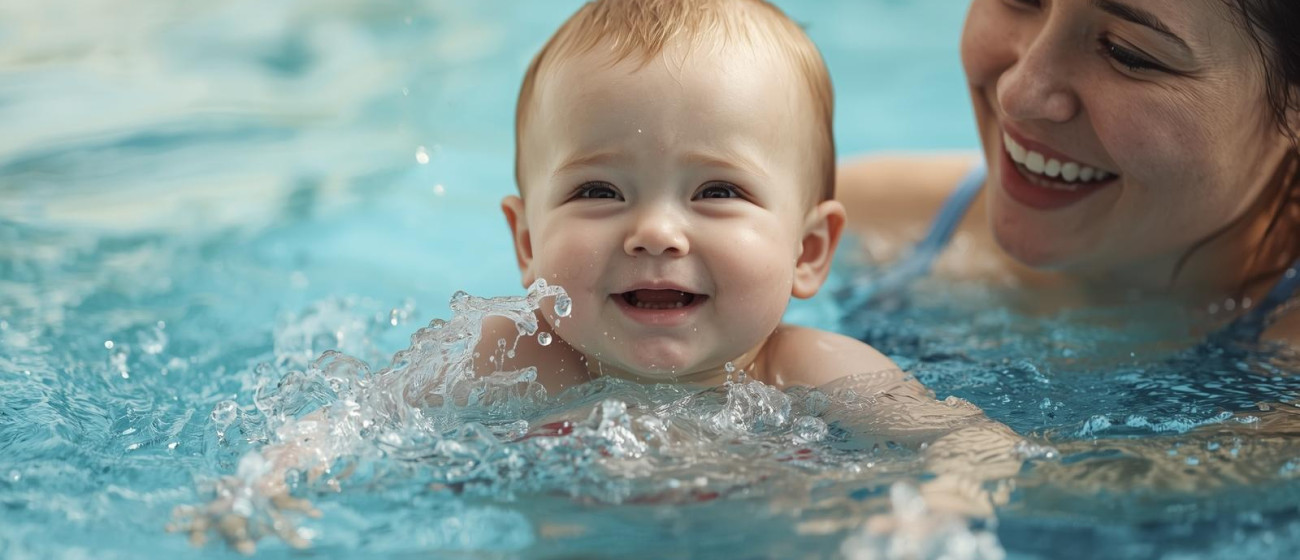 een baby'tje dat aan watergewennen doet tijdens de zwemles samen met mama of papa