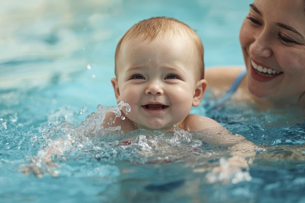 een baby'tje dat aan watergewennen doet tijdens de zwemles samen met mama of papa